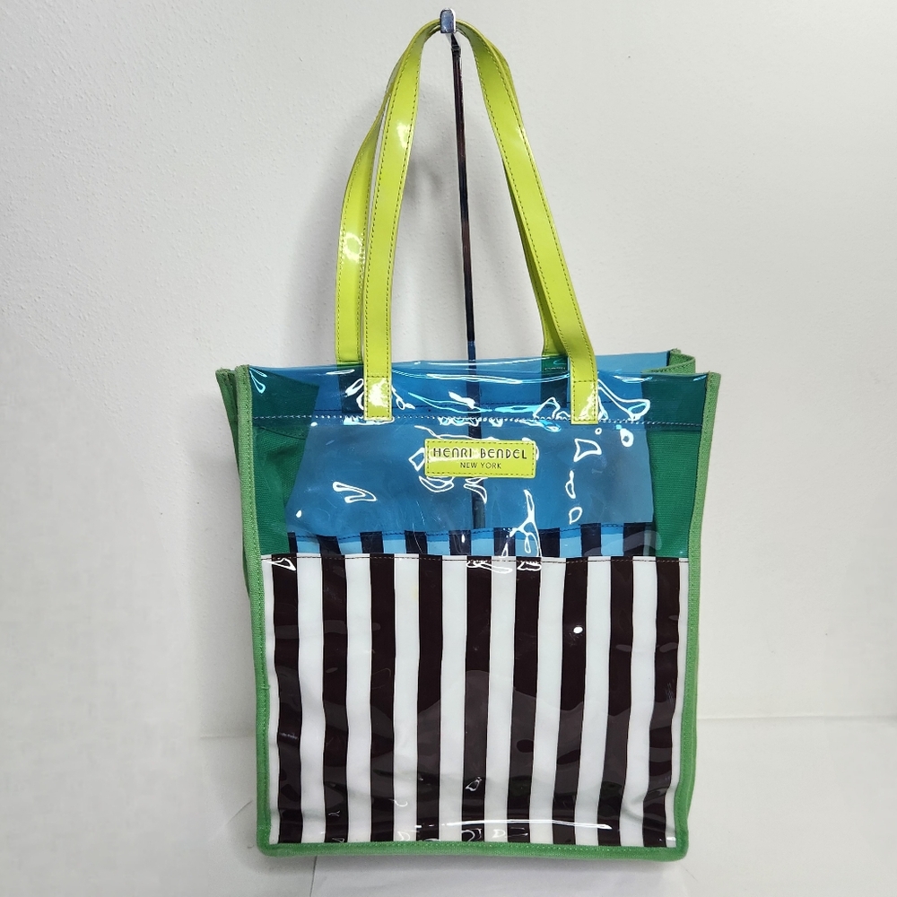 Henri Bendel Tote Bag PVC Canvas Blue Brown White Stripe Green Trim